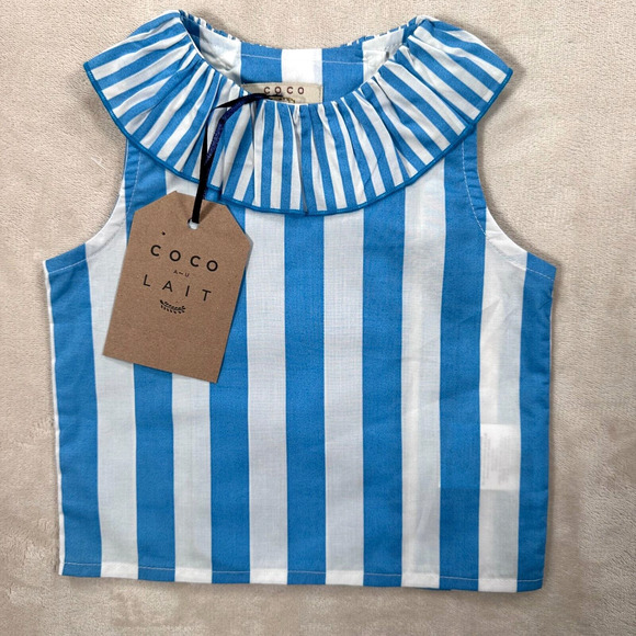 Coco au Lait Baby Girl 9 Months Blue White Stripe Ruffle Collar Sleeveless Top - Picture 1 of 6
